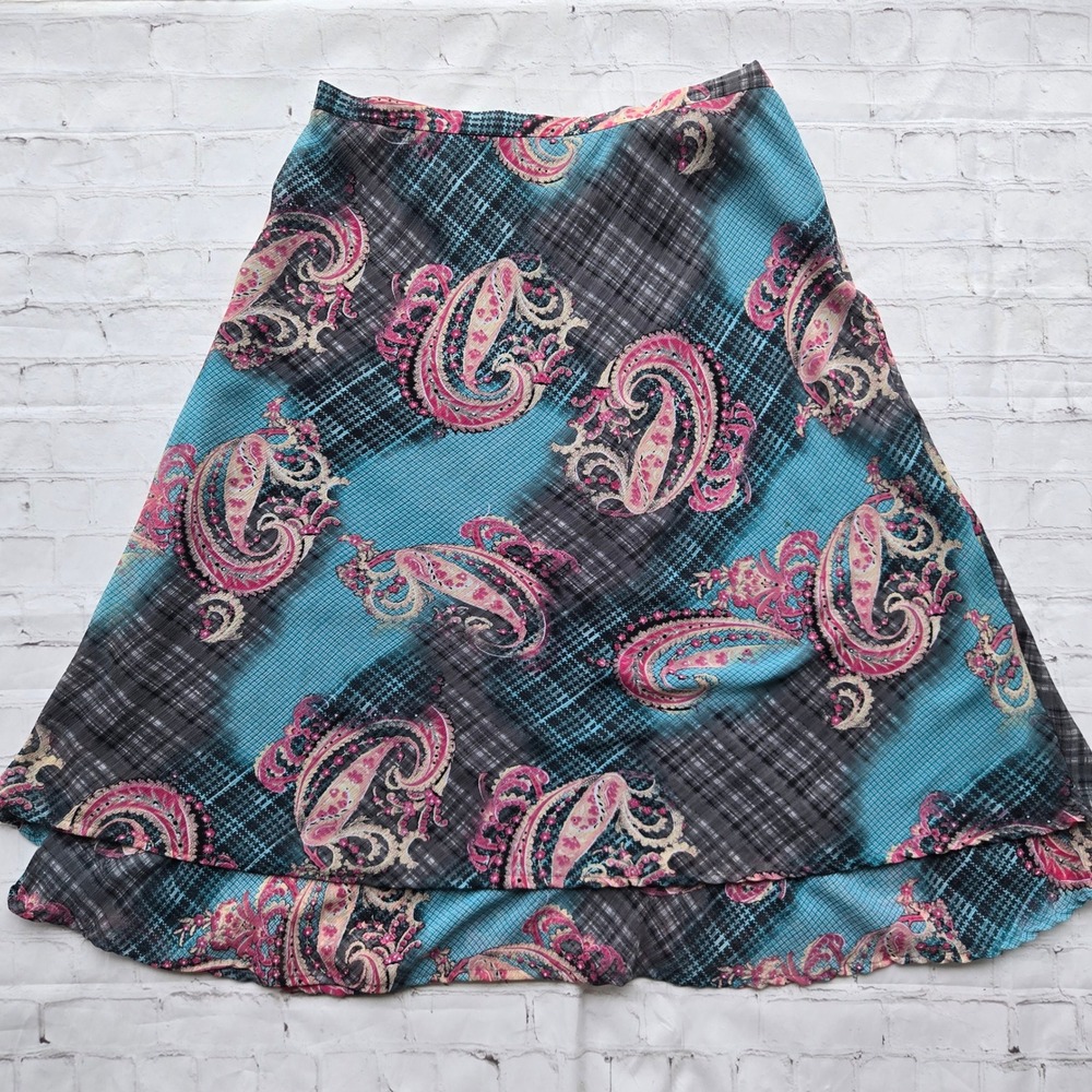 vintage 90s y2k fairy Paisley Plaid Midi Skirt pink Teal Size 16 whimsical